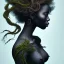 Placeholder: Painting .the face of A young black woman. A wood nymph emerging from the forest. Her hair looks like vines. Dreadlocs. Her skin is the colour of dark soil. Her skin looks like tree bark. Her clothing is made of vines, grass and leaves.