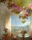 Placeholder: Glass globe with a large botanical victorian room with many pastel flowers, garlands on ceiling and walls, gauzy curtains, rococo, renaissance, 8k resolution, ultra fine detail, high-quality, dreamlike, fantasy, matte painting, dynamic lighting, atmospheric, baroque, john wainwright, harold clayton, flora yukhnovich