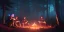 Placeholder: Adventurers resting around a campfire in a forest clearing at night, starry sky, dark fantasy, high detail, high definition, big adventuring bags