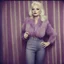 Placeholder: Actress Mamie van doren, hippie girl, jeans, purple fur, striped wallpaper, old autochrome