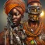 Placeholder: african portrait in rusted clocks, rust, scaffolding, ghana colours, cyberpunk, high detail