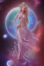 Placeholder: Create an image of a full body cosmic Goddess. The goddess should be depicted as a beautiful and powerful figure, surrounded by cosmic stars. Her hair should be long, blond and flowing, and she should be dressed in a flowing gown blue celestial robe. In the background, include imagery of pink flowers, blue sky,trees. The image should evoke a sense of joy, celebration, and spiritual connection to nature.