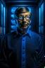 Placeholder: portrait of bill gates holding a dna patent in the style of giger, spray paint, photo realism, trending on art station, 8k, depth of field, down light, light rays, volumetric, white hall in spaceship, blue, brown and orange