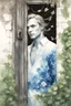 Placeholder: b&w sketch art, close up white man in a blue vintage dress, background old wooden door, overgrown with green ivy with blue flowers, cracks, brick, sepia, watercolor, by Ryohei Hase, Agnes Cecile, Raymond Swanland, Anne Bachelie