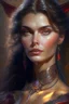 Placeholder: witchcraft, half body of face of a beautiful young woman, ultrarealistic, flirty gaze, centerfold, fashion pose, magical, gorgeous, decolletage, jewelry, leather straps, fantasy environment, portrait of head and torso, Vladimir Volegov, Aleksei Vinogradov, Donato Giancolla, fantasy, hyperdetailed, ultra complex, head and shoulders portrait, 4k resolution, Clint Cearley, ilya kuvshinov, global illumination, detailed and intricate environment, epic, portrait, beautiful grey eyes, gorgeous, female