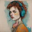 Placeholder: Egon schiele painting of a grunge woman, with freckles, , headphones orange, pink, turquoise, yellow colors