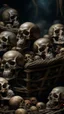 Placeholder: Bosch nightmares paining style Title:a basket full of human skulls , 8k artistic photography, photorealistic concept art, soft natural volumetric cinematic perfect light, chiaroscuro, award-winning photograph, masterpiece, oil on canvas, Raphael, Caravaggio, Greg Rutkowski, people, beksinski, Giger
