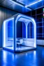 Placeholder: crea una cabina portátil por dentro de color blanca con ventanas transparentes y luces led de color azules en el techo que ambienten la cabina, dentro de la cabina abra solo 1 silla con un grado de inclinación de 45 grados