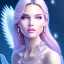 Placeholder: portrait of a beautiful woman with an angel face smiling, pink and blue dress, jewels, soft light aura