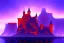 Placeholder: old castle, foggy, lava, drawbridge. surrounded by cliffs, purple