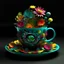 Placeholder: a cup of green tea design, complex, trippy, bunchy, 3d lighting, 3d, realistic head, colorful, floral, flowers, cut out, modern, symmetrical, center, abstract