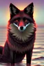 Placeholder: Black fox glowing eyes playing in water sunset