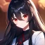 Placeholder: Clear focus,High resolution, black long fluffy hair, long fluffy bangs, red eyes, wearing a lab outfit, extreme close up, evil smile