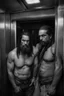 Placeholder: close up photography of two ugly gypsies close, face to face embraced, 41 years old with dreadlocks, big strong muscular chubby, tattoo, beard, bullneck, shirtless, manly chest, hairy torso , embraced, broken short pants,, angry eyes, in an elevator, top light, ambient occlusion, photorealistic, side view from the ground