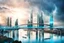 Placeholder: Dreamlike Skyline of Downtown futuristic hightech city in 4050 and a stunning futuristic Bridge During. dark sky, grey and black clouds , storm, dark azur-blue river, cold colors, come storm, rain, high detalied, sci-fi, landscape