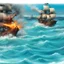 Placeholder: two pirate ships fighting each other at sea. They fire cannons at each other and one ship is hit and burns.