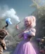 Placeholder: Ultra realistic wonderland photo, happy blonde woman smoking a shisha, blue dress, purple cat friend, circus dress style, old school tattoo, smoke, marijuana garden, glow eyes, perfect iris, soft color, highly detailed, unreal engine 5, cinematic, ultra detail, volumetric lighting, high definition.