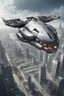 Placeholder: a photorealistic sleek silver spaceship flying over a futuristic ruined city