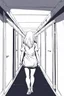 Placeholder: blonde girl runs in a corridor, back view, line arts, manga style