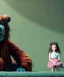 Placeholder: Realistic toys room scene. big furry monster sitting. girl from behind. Wes Anderson style. Red hair, smile, happy, gradient color fog. highly detailed, concept art, unreal engine 5, ray tracing, RTX, lumen lighting, ultra detail, volumetric lighting, 3d, finely drawn, high definition, high resolution.