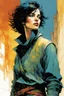 Placeholder: create an imaginative portrait illustration of an ethereal, otherworldly , pale medieval female thief with very short hair wearing a ragged pelisse and boots , in the comic book art style of Bill Sienkiewicz, Mike Mignola, and Jean Giraud Moebius, with highly detailed feminine facial features , finely drawn, colored and inked,