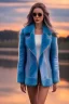 Placeholder: half body shot,realistic portrait of a 20-25 old caucasian model, long blue pink flowing hair, great grey eyes, blue leather jacket,full body, short white skirt,long legs,standing at beach of very nive lake with sunset ,clouds,godrayes