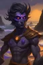 Placeholder: male siren with purple skin and glowing orange eyes on a beach full of jagged rocks