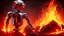 Placeholder: Portrait of a hard rock robot fan surrounded by flames reminiscent of hell.