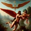 Placeholder: The winged messenger Hermes delivering a message to Zeus but Zeus is a Hydra. Medusa and the Minotaur are fighting in the background. High definition oil painting.