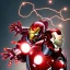 Placeholder: venom iron man with red glowing lights fighting venom captain america in massive battle