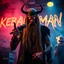 Placeholder: a very thin swedish viking man, evil with very long blonde hair (2 meter), (fat glowing eyes), he is called "KEBAB MAN" performing at death metal club, his name is "KEBAB MAN" kebab rolls On stage, kebab Neon lights and smog, and "KEBAB MAN" big sign on the wall, kebab tribal tattooes, spinning kebab machines, flames and smoke, chaos, he using gasolin and pour it on the kebab on the stage, hand gesture pointing middle finger, not point finger,