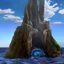 Placeholder: a giant hollow tree trunk emerging from the ocean, a whirlpool in the center