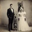 Placeholder: Vintage photo of a bride in her dress and the groom in a classic tuxedo wearing a detailed mechanical camera head, standing next to a weird humanoid partly furry creature with a sad expression, posed formally, neutral background, surreal and whimsical theme, centered composition, early 20th-century photography style.