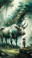 Placeholder: A bull or a horse with a wooden totem with spikes on it, in the middle of the forest. Opposite is a tree with a green-skinned man on it., by Ryohei Hase, Agnes Cecile, Raymond Swanland, Anne Bachelier