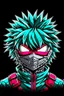 Placeholder: Create a metal mask similar to the one Izuku Midoriya wears in My Hero Academia, but have it extend to cover the full face. It should be gunmetal gray color and have symmetrical holes over the mouth area that glow slightly red. It should be worn by a rabbit and have a black hood