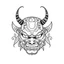 Placeholder: White, minimalis line art , cute oni mask japanes , vector, white background, outline, with images neatly contained within the background, just black and white color, tatto style.