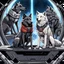 Placeholder: digital art front in picture an of little dark dog like creature stands and looking an anthropomorphic wolf couple sitting on the spaceship's ramp close together, the pale gray female wolf sits behind strong male wolf and puts one paw on the dark gray wolfman's shoulder, raini day, on ramp a little piece of meat lies down, high contrast, high detalied, high realistic, in background detail of an angular spaceship. Rain, The atmosphere is a seamless blend of sci-fi, dark fantasy