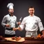 Placeholder: portrait of handsome man and another chef in front dark wooden statue of a cook, shiny fork and knifes on dinner table with cloth, fantasy art book cover