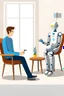 Placeholder: A man in a room with a robot therapist, both sitting on chairs talking in a friendly way.