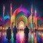 Placeholder: Hyper Realistic people in a rainbow textured Mosque at beautiful rainy night with decorative lights