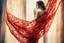 Placeholder: A beautiful brunette woman looks out from behind a red lace and silk curtain, holds the curtain with one hand and pulls it away in sunshine, watercolor and black ink outlines, sparkling golden glitter, ethereal, cinematic postprocessing, bokeh, dof