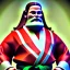 Placeholder: Homme gros ventre en kimono karate, barbe, long cheveux, chigon, dojo, coup de pied