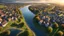 Placeholder: bird's eye view of the village, sunset, river, high detail. 3d, 64k, high resolution, computer graphics, hyperrealism, f/16, 1/300 sec.