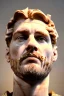 Placeholder: Realistic image, Roman sculpture made in white marble with gold veins, Lionel messi with gold laurel leaves crown, decorative star on the chest, waist up portrait, marble material, gold ornaments, Baroque style, sun rays background, epic, celestial, cinematic lighting, God lights, 4k resolution, smooth details, soft lighting, unreal engine 5, art station, substance 3d.