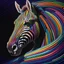 Placeholder: striking conceptual Op Art masterpiece by Heimo Zobernig, featuring intricate manipulation of vivid colorful stroke width and spacing to create a mesmerizing optical illusion of distorted vertical stripes. These stripes evoke a sense of depth and volume, serving as a captivating backdrop for the enigmatic, dark-fantasy inspired colorful zebra's head. The zebra head is rendered with a compelling blend of 3D rendering, photorealism, and painterly technique, exuding an air of