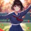 Placeholder: Clear focus,High resolution, one girls, Short brown hair, Purple eyes, Wearing a sailor uniform dancing with blurry sakura leafs falling down