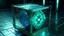 Placeholder: Cube tesseract from movie Loki. Tesseract size third part of image size. Located strictly in the middle of picture with space around it and with navy blue/green glow inside tesseract. Without surface/table on which it stay.