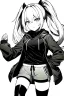 Placeholder: blonde girl with ponytails dressed in a jacket and shorts walks proudly, greyscale