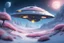 Placeholder: In a snowy and magical landscape with in the foreground they are delicate and very small pink and yellow flowers, a magnificent spaceship flies.The spaceship has soft shapes. It's a pacifist spaceship. The spaceship is silver and blue , very bright and sweet, and very refined with small portholes and lots of lights . The sky is dark blue with a crescent moon and stars. There are a lot of fir trees with snow. There is a frozen lake of turquoise water. . There are sparks of light everywhere