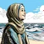 Placeholder: A cartoon picture of a thirty-year-old girl wearing a bambi hijab and abaya, looking at the seashore and the sky with a smile and hope.